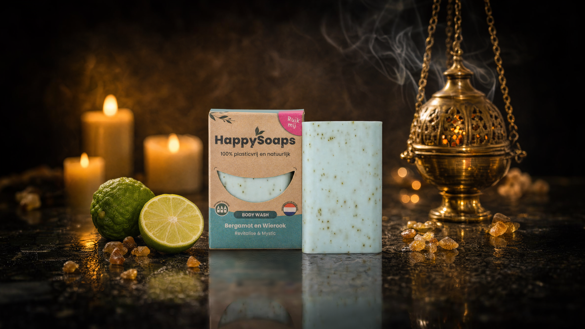 Bergamot and Incense Body Wash Bar by candlelight with a censer, bergamot and incense resin